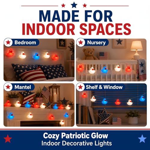 Deekin 20 LED 9.8ft Patriotic Rubber Duck 4th of July Decor LED String Light Battery Operated Red White Blue Duck Fairy Light for Independence Day Bedroom Home Wall Window Yard Decor - color: Red White Blue, size: Patriotic Duck
