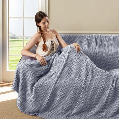 Cooling Cotton Waffle Weave Throw Blanket - Lightweight Breathable Blanket of 50% Rayon Derived from Bamboo for Hot Sleepers, Summer Throws for Couch Bed Sofa, Light Blue, 50"x60"