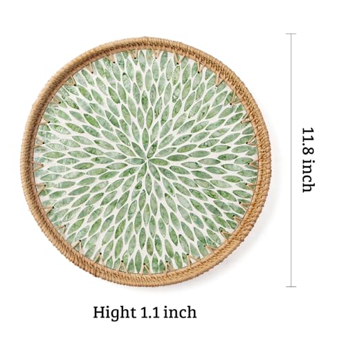 Round Rattan Tray with Mother of Pearl Inlay, Decorative Wicker Serving Tray with Wooden Base, Woven Basket Trays for Bread Fruits Coffee, Leaf - color: Leaf