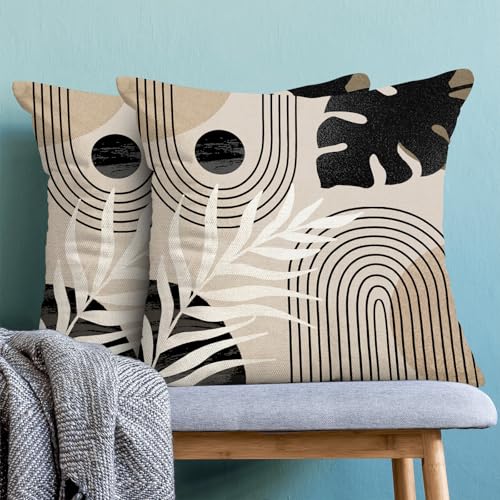 Boho Pillow Covers 16x16 Set of 2 Mid Century Black Beige Tropical Leaf Throw Pillow Covers Outdoor Decor Modern Abstract Line Decorative Pillowcase Farmhouse Linen Cushion Case For Couch Sofa - color: Black-mid-century 1, size: 16" x 16" (Pack of 2)