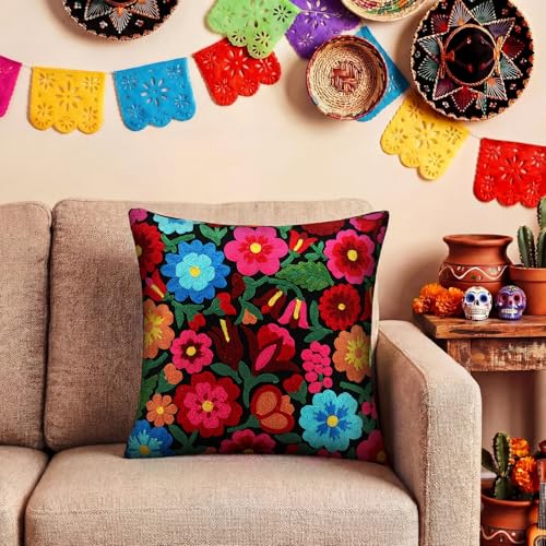 HunnmingRe Mexican Embroidered Throw Pillow with Insert 18 x 18 Inch Mexican Boho Embroidered Pillow Cover Decorative Fiesta Colorful Floral Cushion Decor for Sofa Living Room Couch Bedroom(Black) - color: Black
