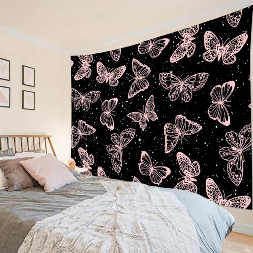 HVEST Pink and Black Butterfly Tapestry - Butterfly on Black and White Galaxy Space Wall Hanging - Night Sky Nature Wall Decor for Kids Bedroom, Dorm, Living Room - 51L x 59W inches - color: Black Pink, size: 51"L x 59"W