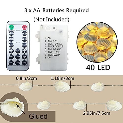 Starryfill Ocean Real Seashell 0.8"(H) 40 LED String Lights 13.85Ft Battery Operated Waterproof Warm White with Timer and Remote Control for Beach Themed Decoration Indoor Covered Outdoor Birthday - color: Seashell
