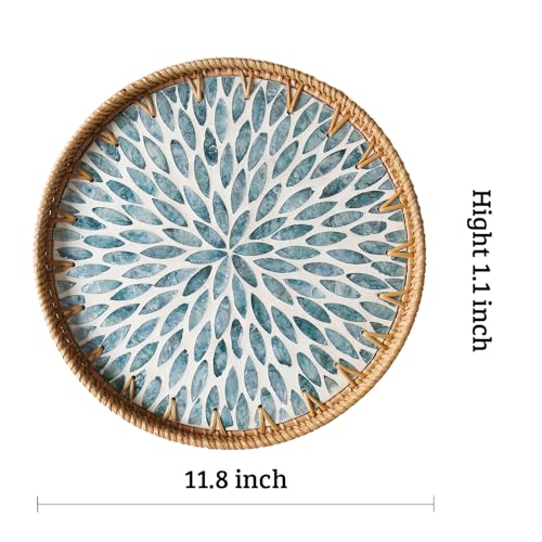 Round Rattan Tray with Mother of Pearl Inlay, Decorative Wicker Serving Tray with Wooden Base, Woven Basket Trays for Bread Fruits Coffee, Light Blue - color: Light Blue