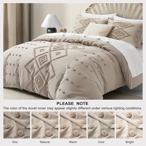 Oli Anderson Tufted Duvet Cover King Size, Soft and Lightweight Duvet Covers Set for All Seasons, 3 Pieces Boho Embroidery Shabby Chic Bedding Set (Khaki, King, 104"x90") - color: Khaki, size: King(104"×90")
