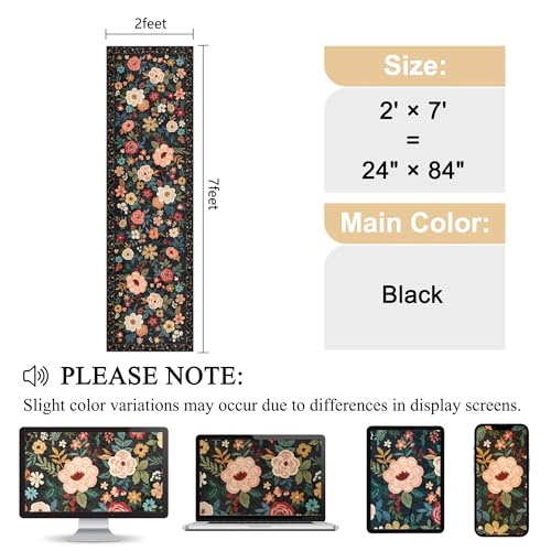 DUKINO Runner Rug, 2x7 Boho Kitchen Rug for Hallways with Low Pile Design, Washable Non Slip Backing Soft Floral Runner for Kitchen, Hallway, Entryway, Bedroom, Laundry, Black - color: Black, size: 2' x 7' (Rectangular)