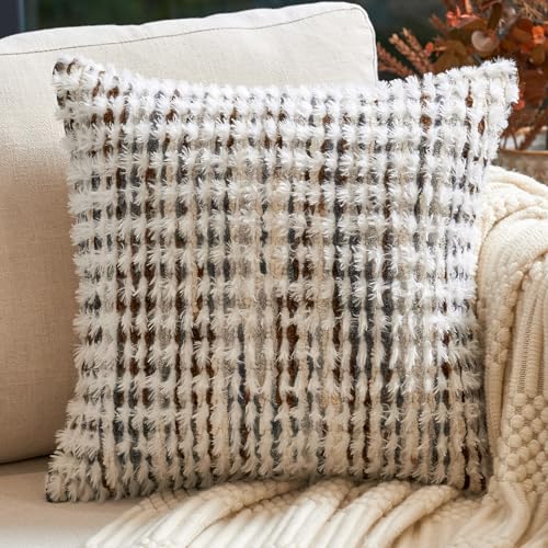 Aeckself Boho Chenille Tufted Pillow Cover 20 x 20 Inch, Decorative Square Throw Pillow Cover Neutral Pillowcase for Couch Bedroom Living Room, Brown White - color: Brown White, size: 20" x 20" (Pack of 1)