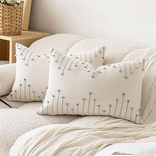 LILEPOY Boho Throw Pillow Covers 12x20 Set of 2 Neutral Decorative Textured Cushion Case Farmhouse Pillowcase Modern Lumbar Pillow Covers for Sofa,Couch, Living Room,Beige and Grey - color: Beige and Grey, size: 20" x 12" (Pack of 2)