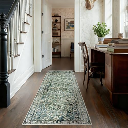 Green Washable Bathroom Hallway Runner Rug with Rubber Backing Non Slip Vintage Boho Floral Long Runners Rugs for Entryway Indoor Laundry Room Bath Floor Kitchen,2x6,24x72 Inch,Dark Emerald and Blue - color: Dark Green, size: 2' x 6' (Rectangular)