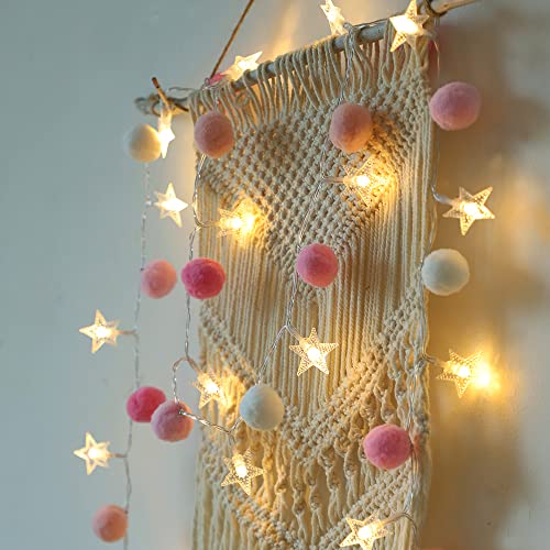 ChiRee Indoor String Lights 6.56 Feet Pom Poms Star Lights 20 LED Battery Operated String Fairy Lights Warm White Star Lights Colorful Decor Lights for Home Bedroom Kids Playhouse Holiday Christmas - style: Star-Pink