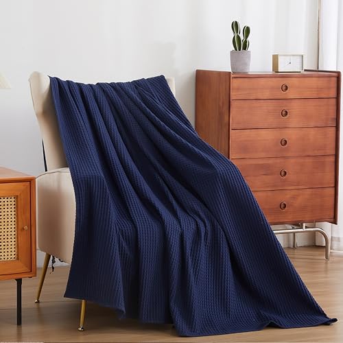 100% Egyptian Cotton Waffle Weave Throw Blanket for Bed Couch Sofa Home Decor, Soft Lightweight Bed & Couch Blanket for All Seasons (Navy Blue - Twin Size - 66 * 90") - color: Navy Blue, size: Twin - 66*90''