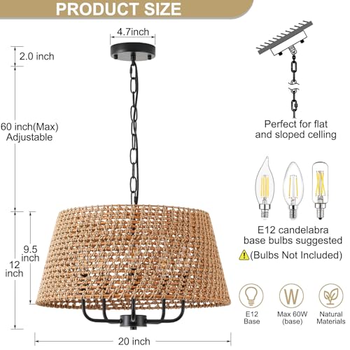 20" Large Rattan Chandeliers for Dining Room, 5-Light Farmhouse Wicker Boho Chandelier with T-Shape Shade Rattan Ceiling Pendant Light Fixture for Bedroom Hallway Kitchen Island(Black) - color: Black 5-Light 20" T-Shape