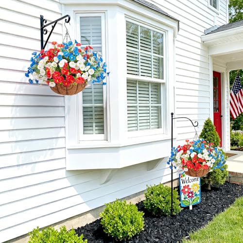 Ammyoo Artificial Fake Hanging Flowers with Basket for Outdoors, Faux Petunias Flowers Fake Hanging Plants with Eucalyptus Realistic UV Resistant for Outside Patio Garden Porch Balcony Yard Decor - color: Red Blue White