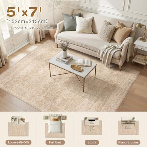 Nakagishi 6X9 Area Rugs Living Room:Washable Large Vintage Rug Neutral Non-Slip Soft Stain Resistant Indoor Carpet for Bedroom Nursery Dining Room Office Playroom - color: Beige/Dark Brown, size: 6' x 9' (Rectangular)