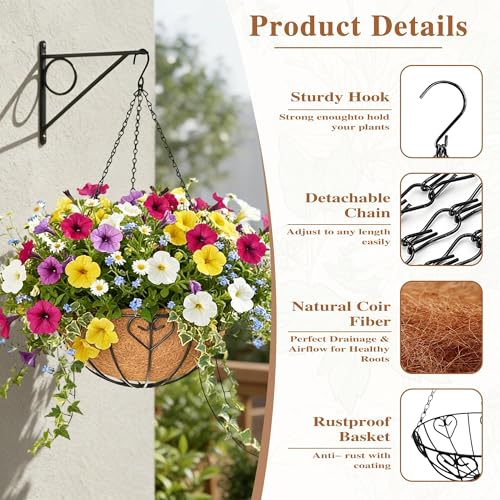 4 Pack Hanging Planter for Outdoor Plants 12 inch Metal Hanging Flower Basket with Coco Coir Liner Round Wire Plant Holder Chain Flower Pots Outdoor Garden Decoration Watering Hanging Baskets（AX） - size: 12" x 4 Pack, style: Heart-shaped