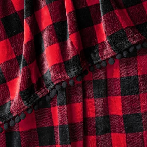 PAVILIA Black Red Fleece Throw Blanket for Couch with Pom Pom Fringe, Buffalo Checkered Plaid, Soft Cozy Fuzzy Flannel Blanket for Sofa Bed, Large Lightweight Plush All Season Throw, 60x80 Inches - color: Checkered Red, size: 60"x80"
