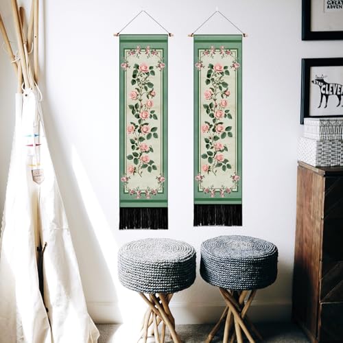 PLIGREAT 2 Pack Rose Corner Tapestry Vintage Vertical Green Wall Hanging with Tassels Aesthetic Wall Tapestry for Bedroom Bathroom Living Room Home Art Decor Housewarming Gift - color: pink,green