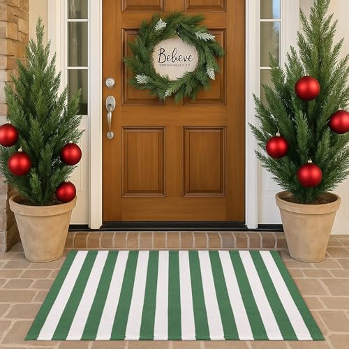 Christmas Green & White Striped Rug - 28 x 43 Inches Outdoor Front Door Decor Mat Cotton Washable Hand-Woven Rug Christmas New Year Holiday Porch Entryway Layered Doormat - color: Green & White Striped, size: 2'4" x 3'7" (Rectangular)