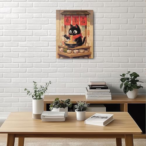 Retro Japanese Cat Eating Ramen Canvas Wall Art, Cat Aesthetic Framed Art Paintings Wall Decor Cats Lover Prints Picture for Living Room Dining Room Home Farmhouse Decor 11.5x15 Inch - color: Multi 1379