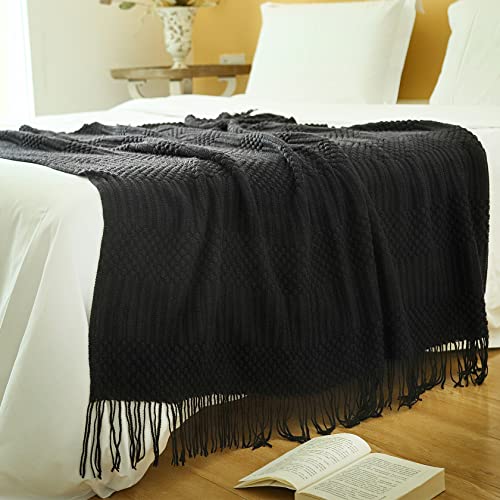 Blagic Knitted Throw Blanket for Couch, Bed and Sofa. Super Soft Blanket with Tassels, Black Throw Blanket, 50 x 60 Inches Lightweight & Cosy Home Decor - color: F-black, size: 50 × 60 in