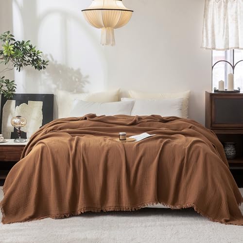 FOSSA Muslin Blanket with Fringe - 4-Layer 100% Cotton Gauze Super Soft & Breathable Throw -Lightweight Decorative Cooling Blanket for Bed, Sofa, Office (Dark Orange, Super King (108" × 98")) - color: Dark Orange, size: Super King (108" × 98")