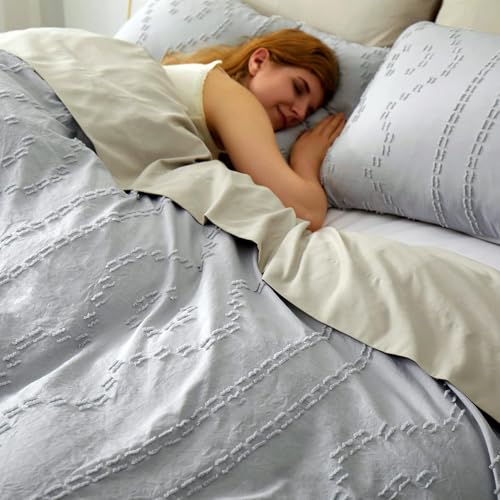 Duvet Cover Queen, 3PCS Boho Duvet Cover Set, Geometric Pattern Tufted Bohemian Comforter Cover Jacquard Knit Textured Bedding Set with Zipper Closure (Light Grey) - color: Light Grey, size: Queen