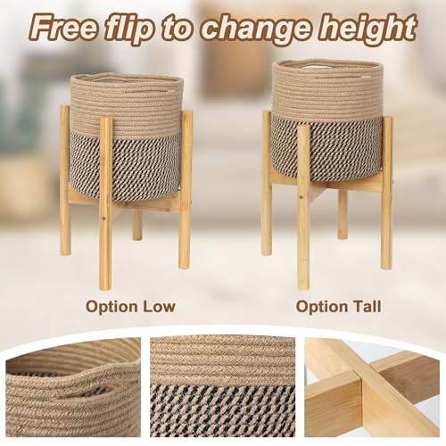 Plant Basket with Stand, Indoor Round Wicker Basket Plant with Bamboo Wood Stand, Decorative Woven Rope Flower Indoor Planter with Legs, Boho Bamboo Wood Planter Holder (Jute Black Stripes) - color: Jute Black Stripes