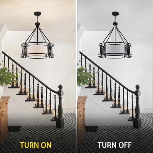 20'' Black Drum Chandeliers, 5Lights Black and White Drum Chandelier Modern Industrial Pendant Light Fixture, Adjustable Fabric Chandelier for Dining Room Kitchen Island Living Room Foyer E26 - color: 20InchBlack