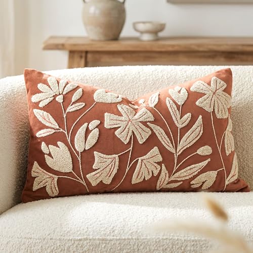 BlissBlush Lumbar Pillow Cover 12x20 Inch, Rust Terracotta Floral Tufted Velvet Decorative Accent Pillow Case for Sofa Bed Living Room, Cover Only - color: Orange Terracotta, size: 20" x 12" (Pack of 1)