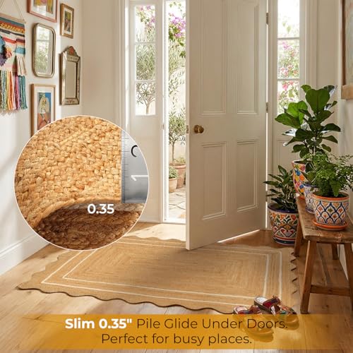 GRUHUM Jute Area Rug 3'x5' ft Wave Scalloped Natural Ivory Border Handwoven Boho Reversible Rustic Farmhouse Soft Braided EcoFriendly Rug - Indoor Livingroom Kitchen Hallways Entryway 3x5 ft Doormat - color: Natural - Ivory Border, size: 3' x 5' (Rectangu