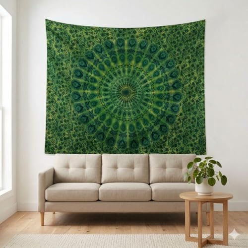 FURNISHFUL FINESSE Peacock Mandala Tapestry for Bedroom Living Room Décor, Cotton Boho Bohemian Wall Hanging Tapestries - 60x50 Inches, (Green) - color: Green, size: 60"L x 50"W