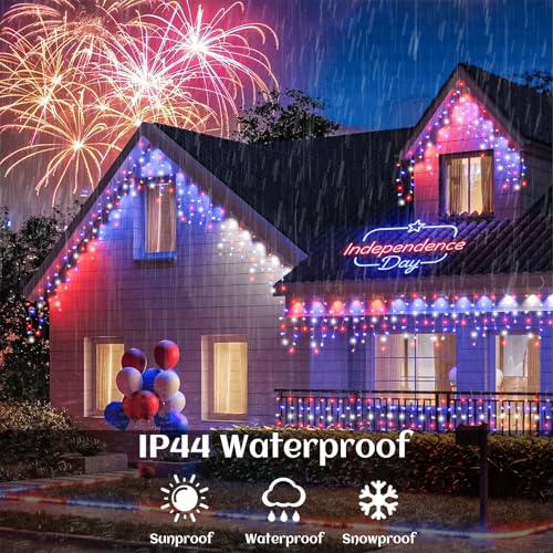 Red White and Blue Icicle Lights for Outside, 4th of July Decorations Independence Day Patriotic Lights, 33ft 400 LED with 75 Drops Clear Wire Connectable for Memorial Day Party Holiday - color: Red White Blue, size: 400LED/33ft