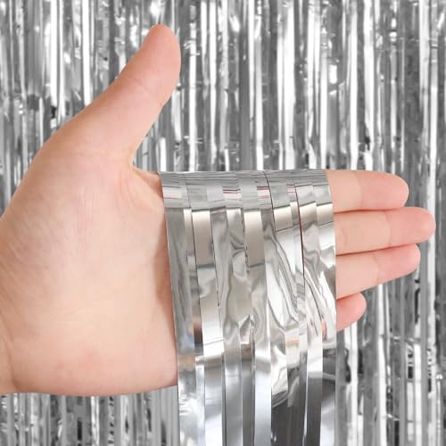 2 Pack Fringe Curtains Backdrops, Foil Fringe Curtains, Door Streamers for Birthday Wedding Bridal Shower Holiday Graduation Party Decorations, Photo Booth Backdrops, Silver - color: Silver