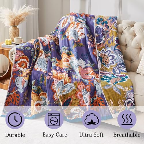Boho Blanket Soft Muslin BohoThrow Blanket, 100% Cotton Floral Printed Farmhouse Decor All Season Reversible Rustic Throw for Sofa Couch Chair (Purple, 90"x98") - color: Purple, size: 90"x98"