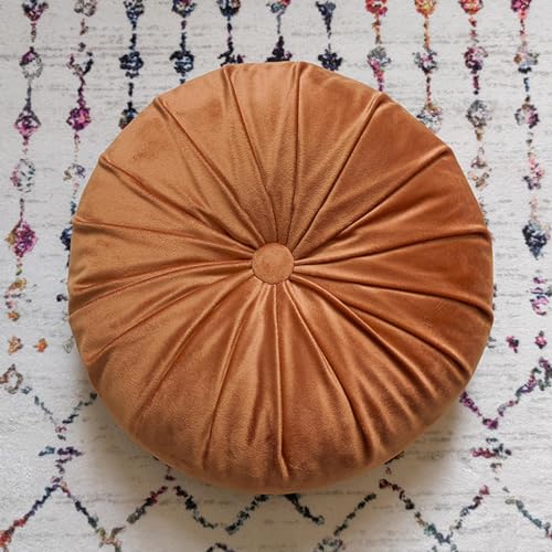 Round Throw Pillow, 13.7” Round Floor Pillow Pumpkin Pleated Round Pillow Cushion for Couch Dutch Velvet Decorative Throw Pillow for Sofa Chair Bed Living Room, Orange - color: Orange