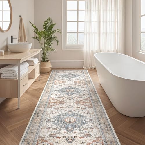 Runner Rug Kitchen Washable Rugs: 2x6 Non-Slip Boho Vintage Distressed Stain Resistant Indoor Neutral Farmhouse Throw Carpet for Hallway Bathroom Laundry Room Entryway Bedroom- Beige Blue - color: Beige Blue, size: 2' x 6' (Runner)