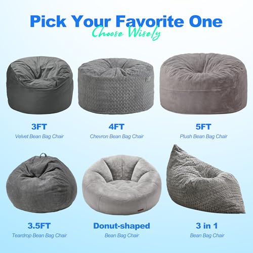 Hobestluk 3 in 1 Bean Bag Chair Giant Bean Bag Chairs for Adults with Chevron Plush Fur Cover Convertible Bean Bag Floor Cushion with Machine Washable Cover for Living Room (Chevron Plush Grey) - color: Lead Grey
