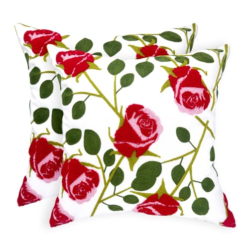 Alysheer Set of 2 Floral Embroidered Decorative Throw Pillow Cover 18" x 18" inches, Farmhouse Cottage Embroidery Red Rose Pattern Cotton Cushion Case for Sofa Couch Bed Living Room Outdoor Decor - color: Rose Red, size: 18" x 18" (Pack of 2)