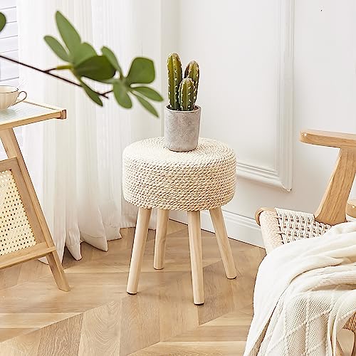 Cpintltr Footstool Ottoman Round Natural Seagrass Foot Stool Pouf Ottomans with Solid Wood Legs Hand Weave Footrest Step Stool for Living Room Bedroom Balcony Garden Natural - color: Natural