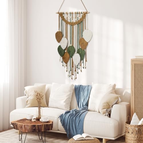 Weldomcor Macrame Wall Hanging Boho Leaf Woven Tapestry, Bohemian Chic Home Decor Modern Handmade Leaves Feather Wall Art Decorations for Bedroom Living Room Apartment Ornament 16.5"W X 31.5"L (Brown) - color: Brown