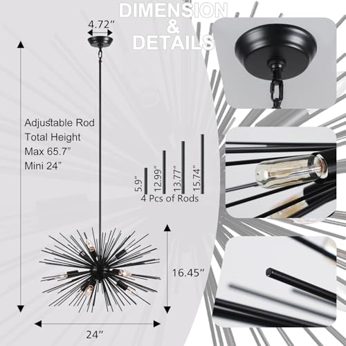 24in Black Sputnik Chandelier Mid Century Modern 9-Lights Starburst Chandelier Solid Metal Firework Urchin Satellite Chandeliers for Dining Room, Kitchen, Bedroom, Living Room, Foyer, E12 - color: Black 24" 9-Light Hanging Rod