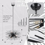 24in Black Sputnik Chandelier Mid Century Modern 9-Lights Starburst Chandelier Solid Metal Firework Urchin Satellite Chandeliers for Dining Room, Kitchen, Bedroom, Living Room, Foyer, E12 - color: Black 24" 9-Light Hanging Rod