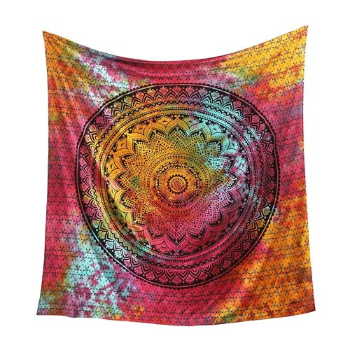 Popular Handicrafts Queen Mandala Hippie Hippy Tie Dye Psychedelic Ombre Tapestry Wall Hanging - Indian Maditation Gypsy Bohemian Dorm Room Decor Multicolor Black 81x88 Inch - color: Black Multicolor, size: 88L" x 81W"