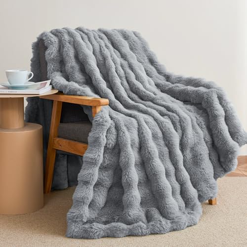 Faux Rabbit Fur Throw Blanket for Couch, Fluffy Warm Plush Thick Bubble Blanket for Bed Sofa Living Room, Soft Cozy Furry Blanket, 50x60 inches, Gray - color: Gray, size: Throw50"x60"