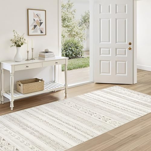 cotiled Washable 3x8 Runner Rugs: Washable Boho Rugs with Non Slip Backing Large Soft Indoor Stain Resistant Carpet for Living Room Bedroom Farmhouse Dining Room Lightweight Home Decor L Brown/Cream - color: Light Brown/Cream, size: 3' x 8' (Runner)