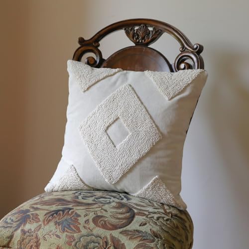 Snugtown 18 x 18 Inches Pack of 2 Woven Tufted Boho Throw Pillow Cover, Cream Modern Decorative Geometric Cushion with, Farmhouse Tribal Pillowcase for Couch Sofa Bedroom Living Room, Off White