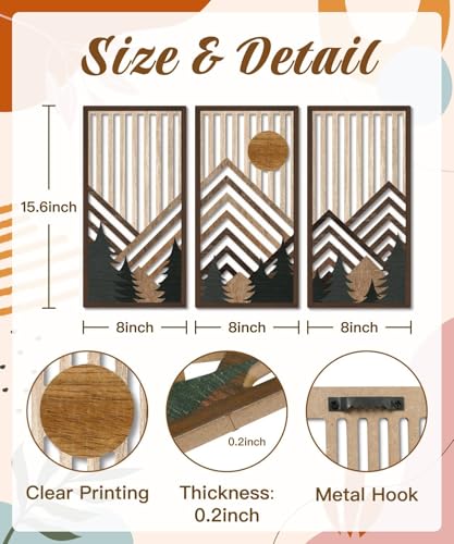 Putuo Decor Boho Mountain Wall Art Set of 3, Rustic Wooden Wall Decor, Nature-Inspired Geometric Artwork, Mid-Century Modern Aesthetic for Living Room, Bedroom, Office Brown 16.5 x 8.6 inch - color: Brown