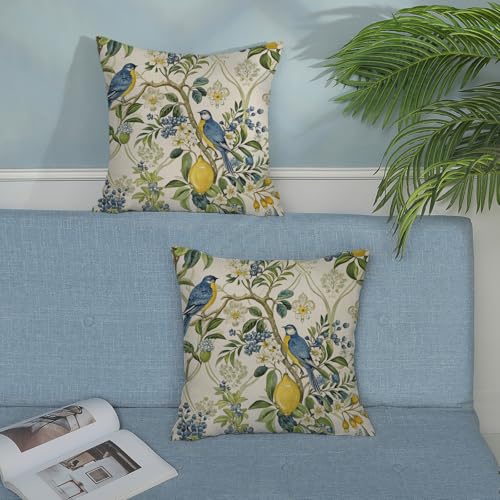 Chinoiserie Pillow Covers 16x16 Inch 2 Pcs Vintage Blue Green Floral Bird Decor Throw Pillows Boho Yellow Lemon Flower Spring Summer Outdoor Decoration Pillowcase Linen Cushion Cover for Couch - color: Chinoiserie Lemon Floral Bird, size: 16" x 16" (Pack