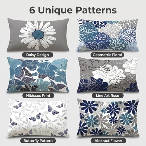 COMMINY Lumbar Throw Pillow Covers 12x20 Inch Set of 6, Blue Grey Pillow Cases for Couch Room Decor, Farmhouse Daisy Dahlia Lumbar Pillow Cover, Indoor Decorative Cushion Cover Only, No Insert - color: Blue Daisy, size: 20" x 12" (Pack of 6)