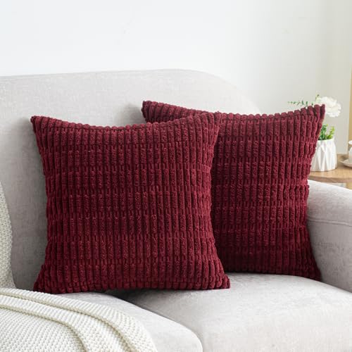 Pack of 2 Burgundy Corduroy Decorative Pillow Covers 16x16 Inch Soft Boho Striped Throw Pillow Covers Modern Farmhouse Home Decor for Sofa Living Room Couch Bed - color: Burgundy, size: 16" x 16" (Pack of 2)